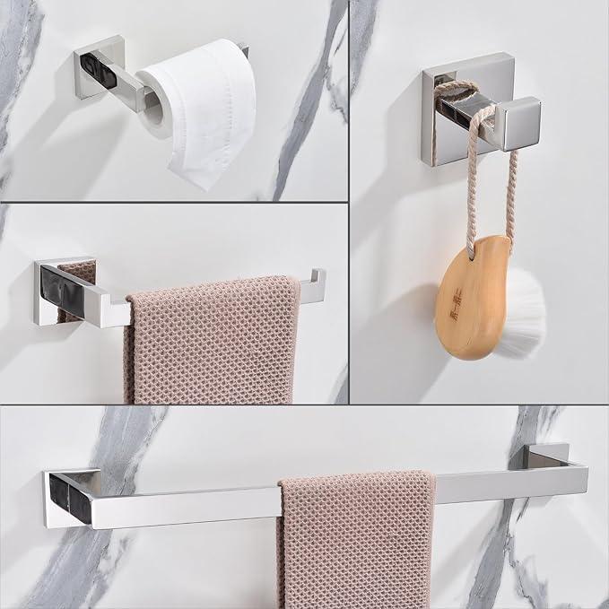 TASTOS 5-Piece Bathroom Hardware Set Wall Mounted Bathroom Accessory Set, Premium Stainless Steel Robe Hook Toilet Paper Holder 24-Inch Towel Bar (Polished) - ModernBath