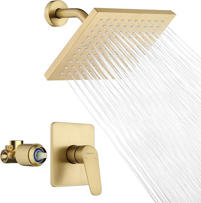 Lavatrum Gold Shower Head and Valve Set Single Spray Premium Wall Mount 8 Inch Rainfall Squre 1 Handle Shower Faucet with Rough-in Valves and Knob Kit for Bathroom Mixer （1.8GPM) - ModernBath