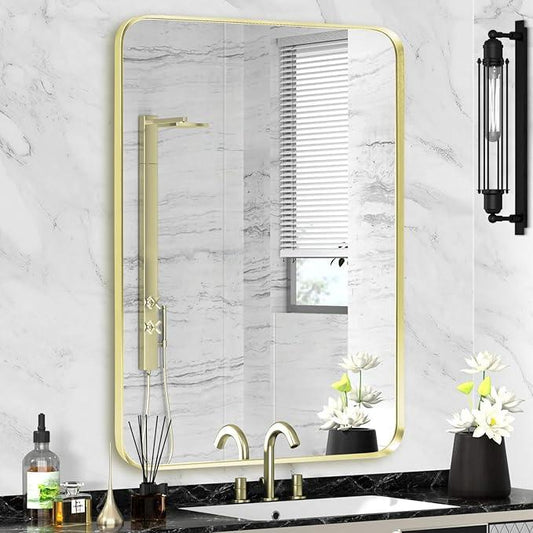 Minuover Gold Framed Bathroom Mirror, Brushed Gold Bathroom Vanity Wall Mirror, Rounded Rectangle Gold Frame Mirror, Tempered Glass, Anti-Rust, Hangs Horizontally or Vertically (24" x 32", Gold) - ModernBath