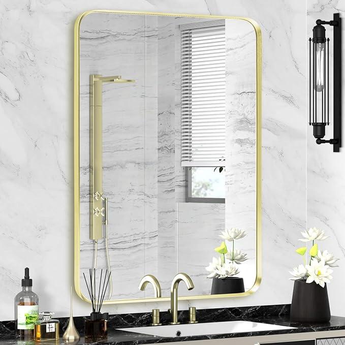Minuover Wall Mount Mirror for Bathroom, Brushed Gold Metal Framed Rounded Corner Rectangular Vanity Mirror (24" x 30", Gold) - ModernBath