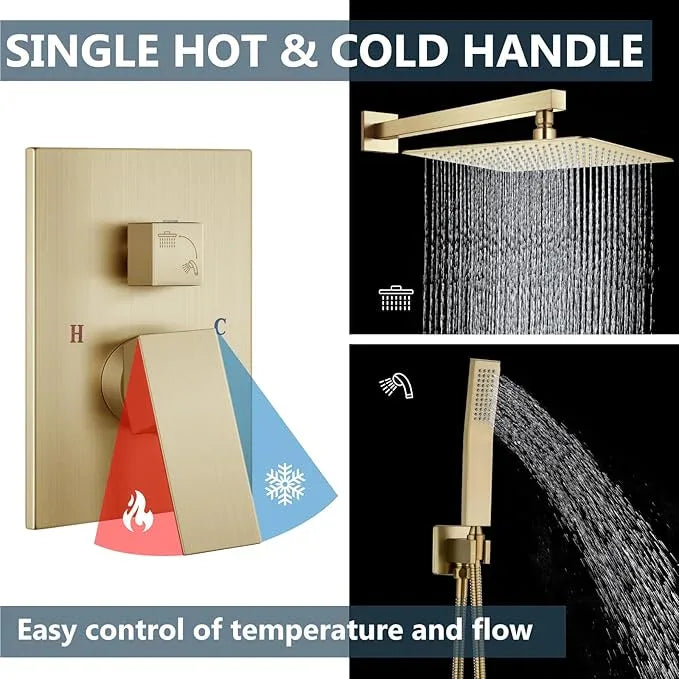 Aolemi Shower Faucet Set Rain Shower System with Handheld Spray Bathroom Shower Combo Rough-in Valve and Shower Trim Kit Included Brushed Gold 16 Inch Wall Mount Shower Head - ModernBath