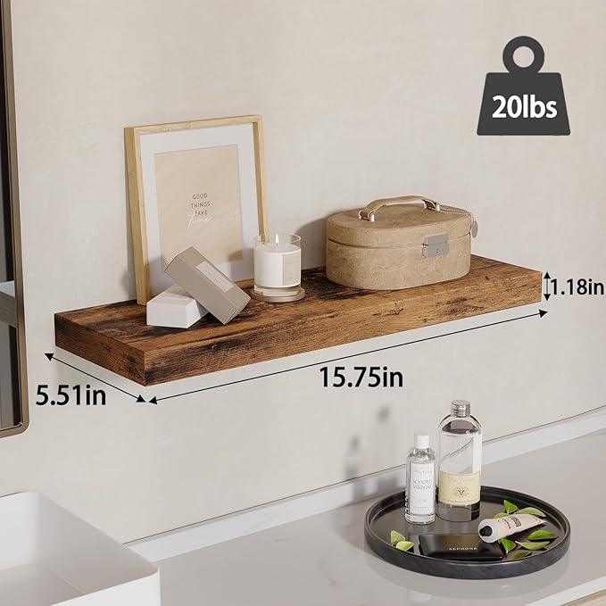 Fixwal 15.8in Wall Shelves, Rustic Wood Finish Floating Shelves Set of 4, Shelves for Wall Decor, with Invisible Brackets for Bathroom, Living Room,Bedroom and Kitchen(Rustic Brown) - ModernBath