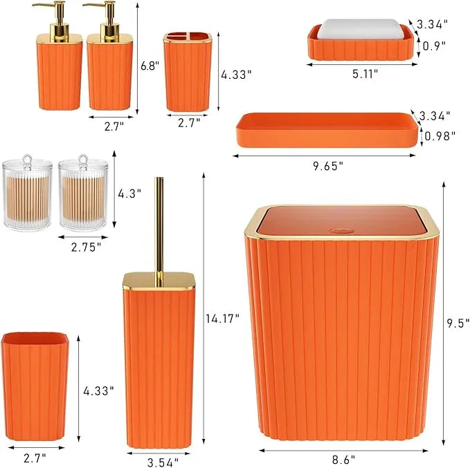 XLHOMO Bathroom Accessories Set - Gorgeous Bathroom Set, 10PC Orange Bathroom Accessory Set, Orange Bathroom Sets, Toilet Brush, Trash Can & Soap Dispenser - ModernBath