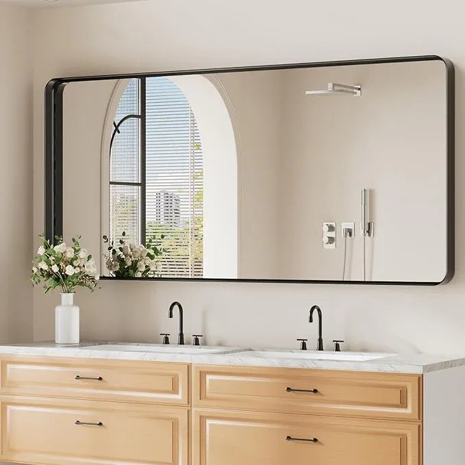 Koonmi Black Bathroom Mirror for Wall, 30x71 Inch Matte Metal Deep Framed Rounded Corner Wall Mirror, Shatterproof Tempered Glass for Farmhouse Bedroom Entryway, Vertically or Horizontally - ModernBath