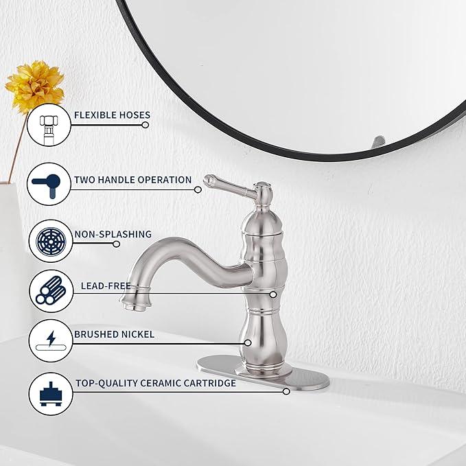 Bathroom Faucet Brushed Nickel GGStudy 360° Swivel Bathroom Vanity Faucet Single Handle One Hole Bathroom Sink Faucet Basin Matching Pop Up Drain with Overflow - ModernBath
