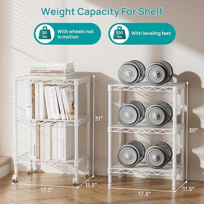 SINGAYE 3 Small Shelves Storage Shelf Wire Shelving Unit Metal Shelf Adjustable Organizers Storage Shelving with Wheels for Bathroom Laundry Room Kitchen Pantry11.5”D x 17.3”W x 30”H White - ModernBath