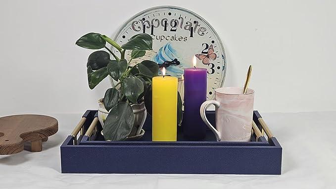 Set of 2 Wood Serving Tray with Gold Polished Metal Handles, Home Decorative Wooden Rectangle Ottoman Leather Decor Platter Bathroom Vanity Tray for All Occasions (Blue) - ModernBath