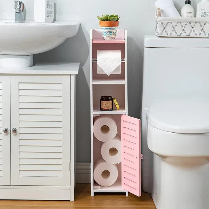 AOJEZOR Toilet Paper Holder Stand: Small Bathroom Storage Cabinet - Rose Dawn - White - ModernBath