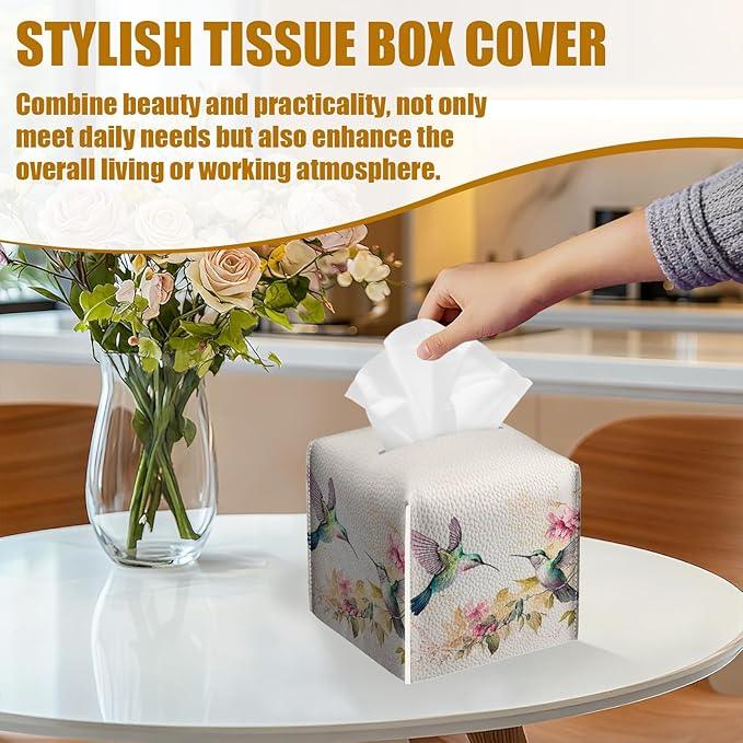 Humming Bird Floral Tissue Box Cover 2PCS, Leather Tissue Box Holder Square Facial Paper Case Tissue Box Cube Organizer for Bathroom Bedroom Desk Office - ModernBath