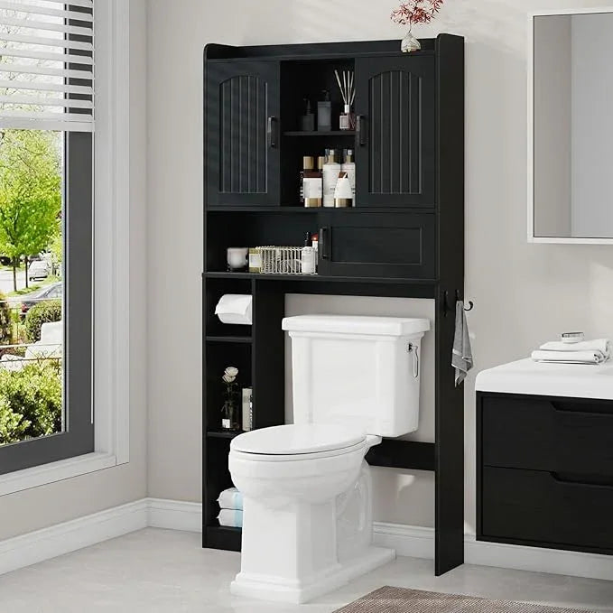 Vabches Farmhouse Over The Toilet Storage Cabinet with 2 Barn Doors & Sliding Door, Over The Toilet Bathroom Organizer with Open Storage Layer and Adjustable Shelves & Hooks.Black - ModernBath