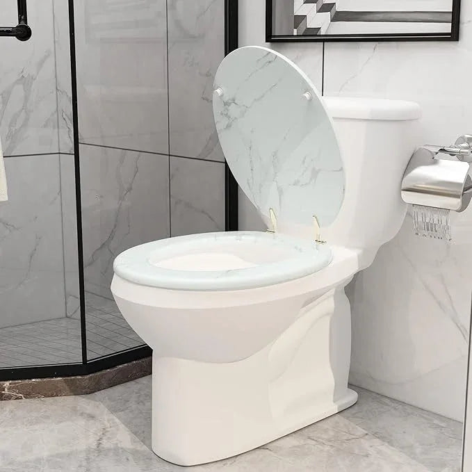 BLOFDE Round Toilet Seat Wood Toilet Seat Prevent Shifting with Zinc Alloy Hinges American Standard Size Toilet Seat Easy to Install also Easy to Clean(Round,Marble) - ModernBath