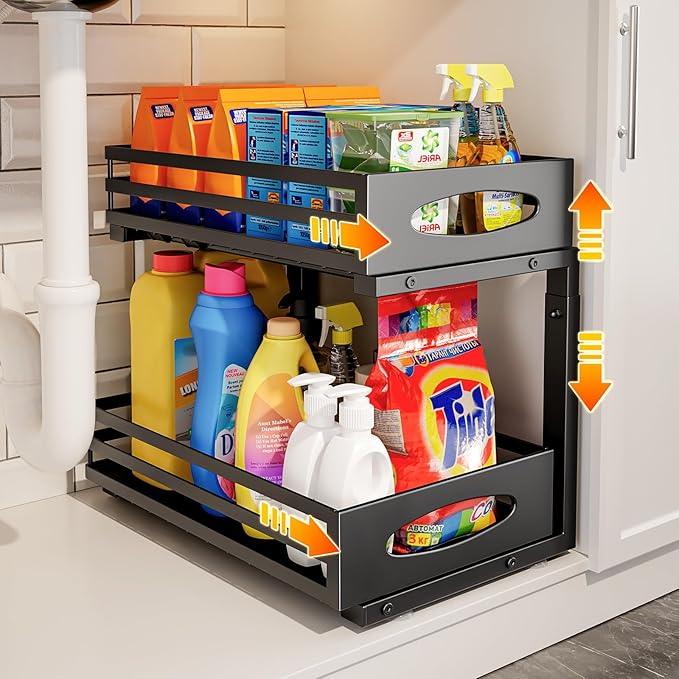 Under Sink Organizer, 2 Tier Under Sink Organizers and Storage, Adjustable Height, Slide out Metal Cabinet Organizers, Pull out Cabinet Storage Drawer Shelf for Kitchen Bathroom - ModernBath