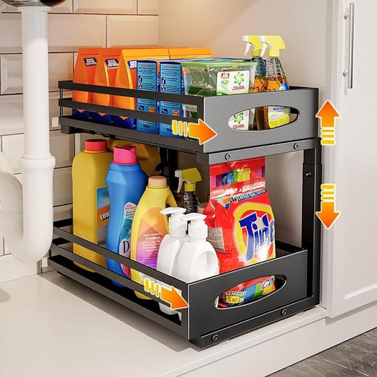Under Sink Organizer, 2 Tier Under Sink Organizers and Storage, Adjustable Height, Slide out Metal Cabinet Organizers, Pull out Cabinet Storage Drawer Shelf for Kitchen Bathroom - ModernBath