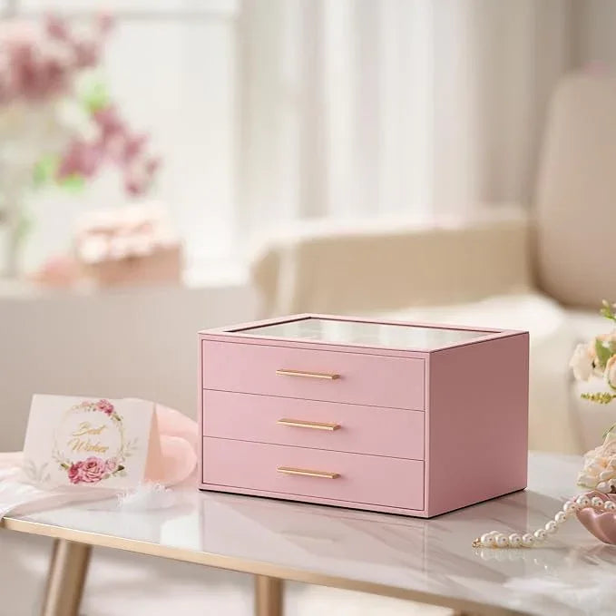 pickpiff Jewelry Box Organizer Case for Women: 3-Layer Jewelry Storage Case with Glass Window, Pink Leather with Velvet Holder for Ring Necklace Bracelet Brooch Watch, Great Gift for Her - ModernBath