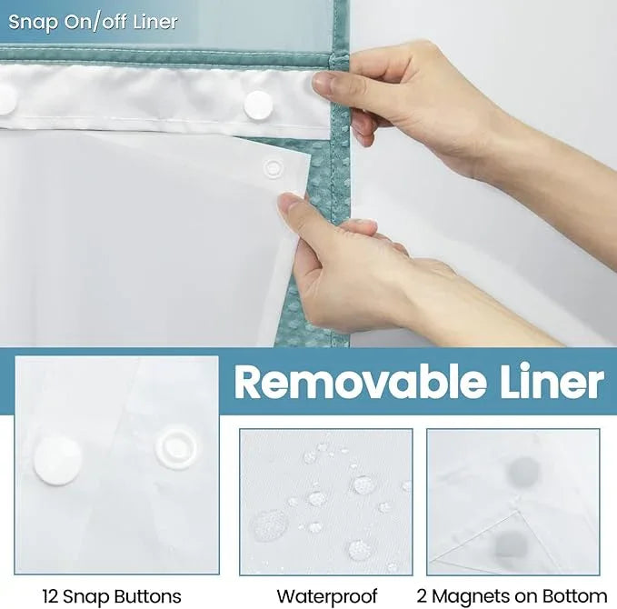 EUTXL Teal No Hook Shower Curtain with Snap in Liner,230GSM Waffle Weave Shower Curtains for Bathroom,71W x 74H - ModernBath