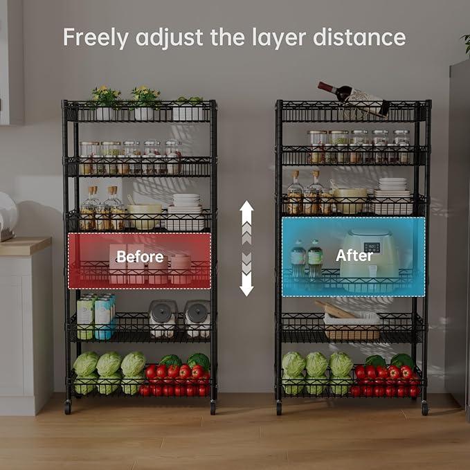 6 Shelves Storage Shelf Wire Closet Bathroom Organizers Metal Pantry Kitchen Garage Shelving Unit Laundry Room Organization Home Rack Net Basket Black with Wheels 30" Dx14 Wx65 H - ModernBath