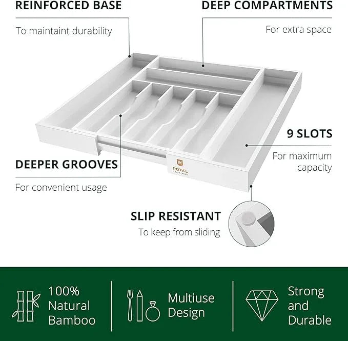 ROYAL CRAFT WOOD Luxury Bamboo Kitchen Drawer Organizer - Silverware Organizer - Utensil Holder and Cutlery Tray with Grooved Drawer Dividers for Flatware and Kitchen Utensils (9 Slot, White) - ModernBath