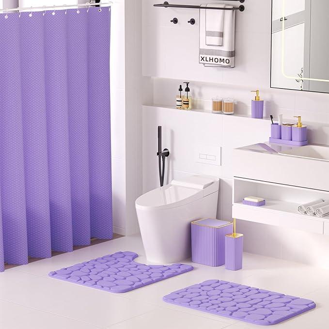 XLHOMO Bathroom Accessories Set - 25PC Bathroom Sets with Shower Curtain and Rugs, Purple Bathroom Set with Trash Can, Soap Dispenser, Soap Dish & Toilet Brush - ModernBath