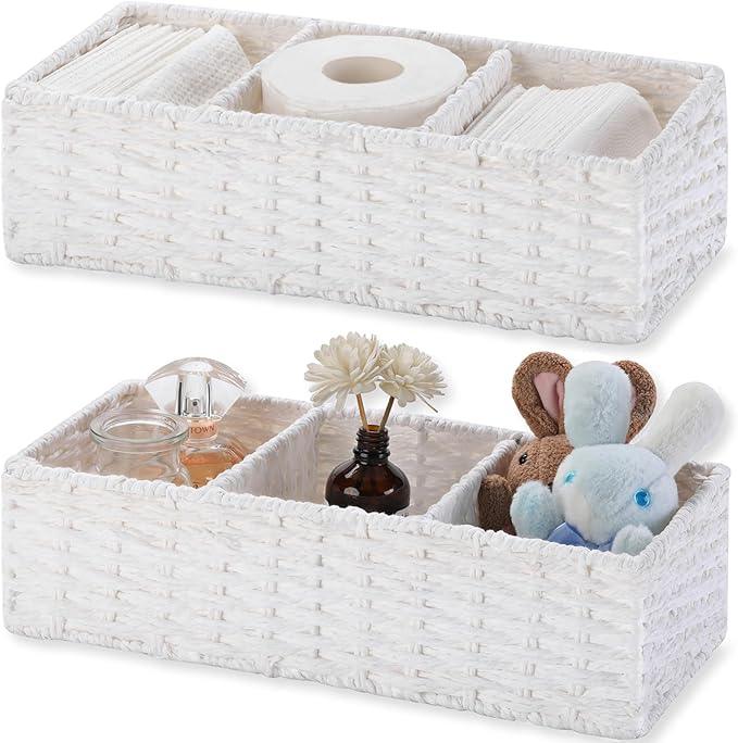 Vagusicc 3 Section Wicker Storage Basket, White Wicker Baskets for Storage, Toilet Tank Basket, Small Baskets for Organizing for Shelves, 2-Pack - ModernBath