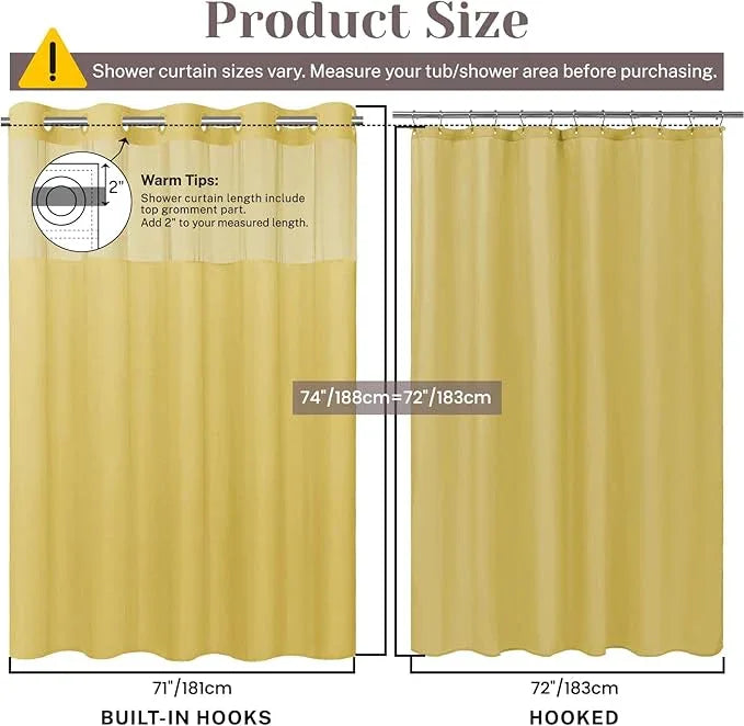 SORTTO No Hook Slub Textured Shower Curtain with Snap in Liner - Yellow Fabric Outer Curtain & Waterproof Inner Liner, Hotel Style with See Through Top Window, 71x74 in - ModernBath