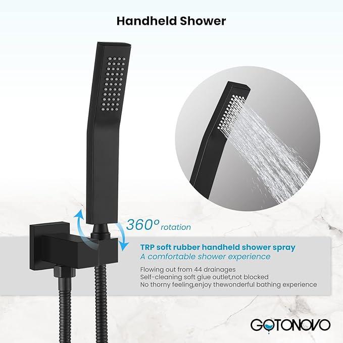 gotonovo Rainfall Bathroom Shower System Rain Shower Head and Handle Set Wall Mounted Shower Complete Combo Solid Brass Pressure Balancing Shower Mixer Valve 8 Inch Matte Black - ModernBath