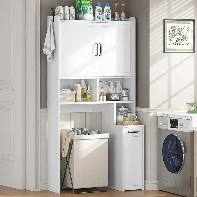 Over The Toilet Storage Cabinet with Pulley Small Bathroom Storage Cabinet, Space Saver W/Adjustable Shelf & Open Shelf for Bathroom, Restroom, Laundry (White) - ModernBath