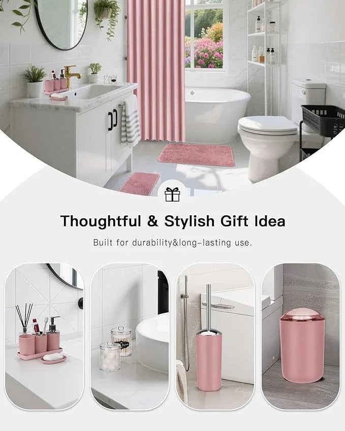 IMAVO Pink Bathroom Accessories,Non Slip Super Absorbent Rugs and Waterproof Shower Curtain with Hooks,Complete Bathroom Set for Bathroom Décor - ModernBath