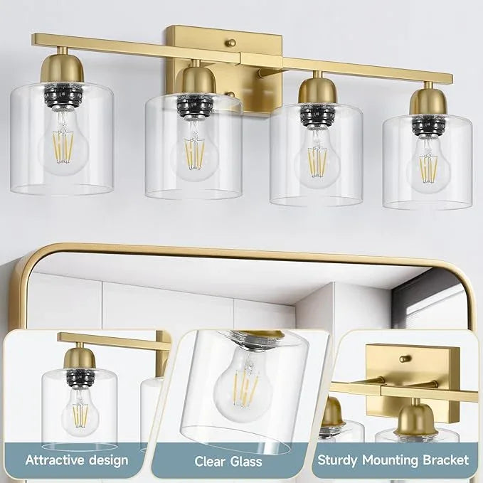 FAISHILAN Modern Brushed Gold 4 Light Bathroom Light Fixtures, 24 inch Vanity Lights for Bathroom with Clear Glass, Bathroom Vanity Light for Mirror Kitchen Living Room Hallway Cabinet Porch - ModernBath