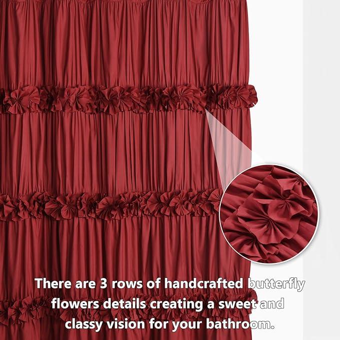 Homechoice Decor Burgundy Ruffle Shower Curtain, Vintage Handcrafted Bow Tie Bath Curtain for Master Bathroom, Ruched Microfiber Bathroom Curtain with 12 Buttonholes, 72" W x 72" H (LQ-10) - ModernBath
