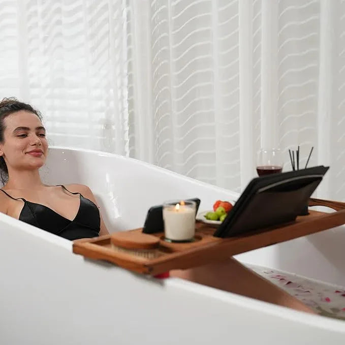 Utoplike Teak Bathtub Caddy Tray Bath Tray for Tub, Unique Bathtub Organizer with Book Tablet Wine Glass Cup Towel Holder, Adjustable, for Your Loved - ModernBath