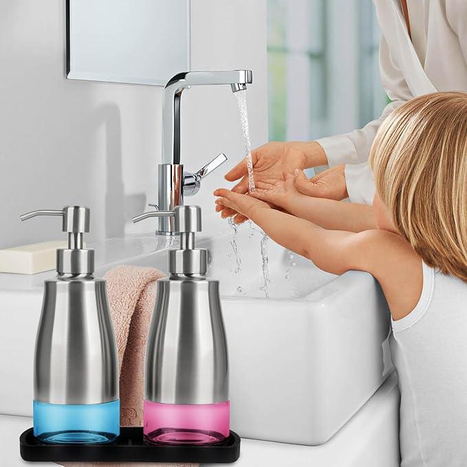 Gaussra Kitchen Soap Dispenser Set with Silicone Tray and Stickers - Brushed Nickel, Stainless Steel Glass Soap Dispenser Bathroom, Refillable Hand Dish Dispenser for Kitchen Sink - ModernBath