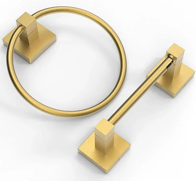 Ruacq Brushed Gold Toilet Paper Holder Towel Ring Bathroom Accessories Hardware Set Double Post Pivoting Toilet Roll Holder Square Stainless Steel and Zinc Alloy Modern Wall Mounted 2 Pieces - ModernBath