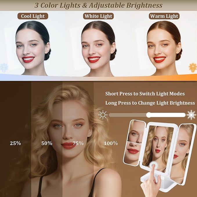 DailyCuddles Makeup Mirror Vanity Mirror with Lights, 3 Color Lighting Modes, 1X/2X/3X Magnification, Tri-fold, 360° Rotation, Phone Holder for Makeup, 2000mAh Rechargeable, Bedroom, Bathroom, (White) - ModernBath