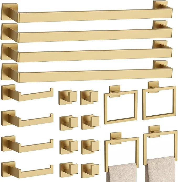 20-Piece Brushed Gold Bathroom Accessories Set – 23.6" Towel Bar, Towel Ring, Toilet Paper Holder & Hooks, Wall Mounted Bathroom Hardware, Rust & Corrosion-Resistant, Ideal for Modern Bathrooms - ModernBath