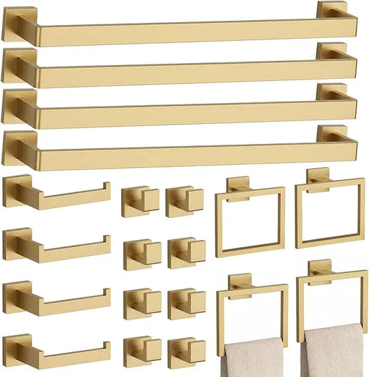 20-Piece Brushed Gold Bathroom Accessories Set – 23.6" Towel Bar, Towel Ring, Toilet Paper Holder & Hooks, Wall Mounted Bathroom Hardware, Rust & Corrosion-Resistant, Ideal for Modern Bathrooms - ModernBath