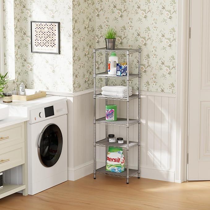 SINGAYE 6 Tier Shelf Wire Shelving Adjustable Storage Shelves Rack Standing Units for Kitchen Closet Laundry Bathroom Organizers Metal Pantry Narrow Mesh Gaps 10" D x 16" W x 60" H Gray - ModernBath
