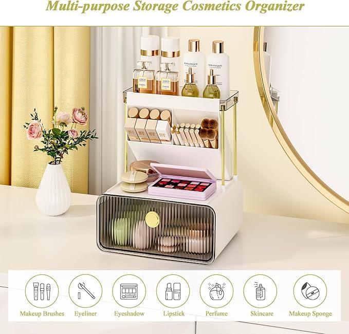 FOLLOWIN Bathroom Counter Organizers and Storage with Drawer,Cosmetic Organizer with Make Up Brush Holder,Perfume Makeup Shelf,3-Tier Vanity Storage,Smoky Gray - ModernBath