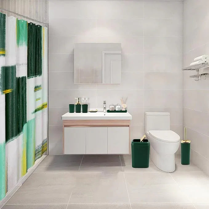 XLHOMO Green and Gold Bathroom Accessories Set, Bathroom Sets with Shower Curtain, Green Bathroom Accessories with Trash Can, Soap Dispenser, Soap Dish, Toilet Brush Holder, Qtip Holders - ModernBath