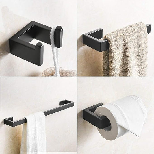 Fapully 4-Piece Bathroom Hardware Accessory Set with 24" Towel Bar Towel Ring Paper Holder Robe Hook Matte Black