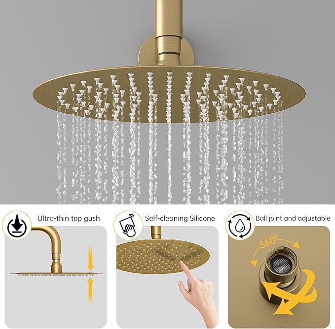 BESy Shower System with 10 Inch Round Rain Shower Head and Handheld Wall Mounted, High Pressure Rainfall Shower Faucet Fixture Combo Set with 2 in 1 Handheld Showerhead for Bathroom, Brushed Gold - ModernBath