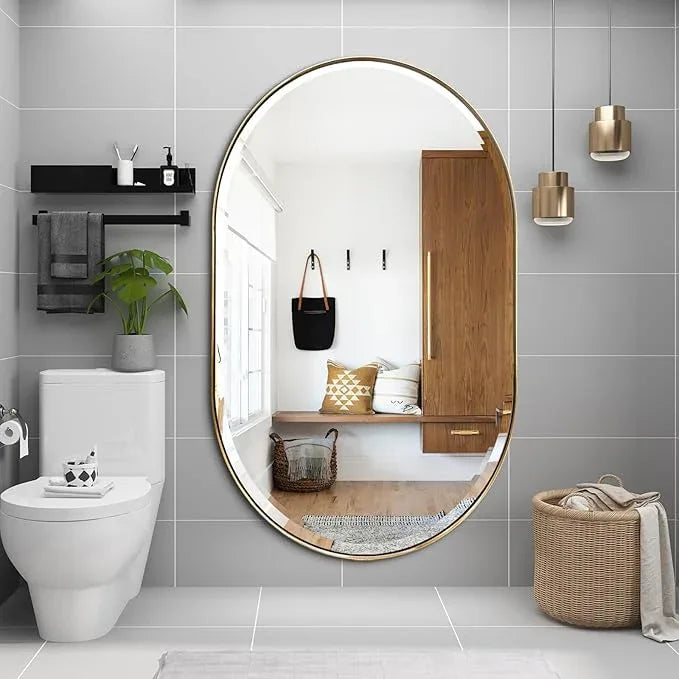 POZINO Gold Oval Mirror, Brass Beveled Mirror with Stainless Steel Frame, 28"x48" Large Rounded Rectangle Mirrors for Over Sink, Modern Oblong Vanity Wall Mirrors for Bathroom Bedroom Living Room - ModernBath
