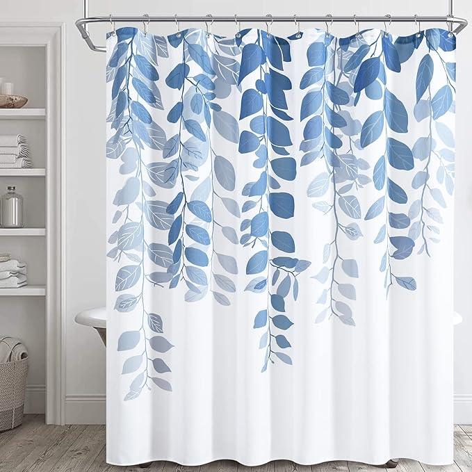 BOODII Long Shower Curtains 72x78, Blue Grey Eucalyptu Shower Curtains for Bathroom Floral Watercolor Leaves Botanical Curtain Nature Fabric Bath Curtain Country Plant Cloth - ModernBath