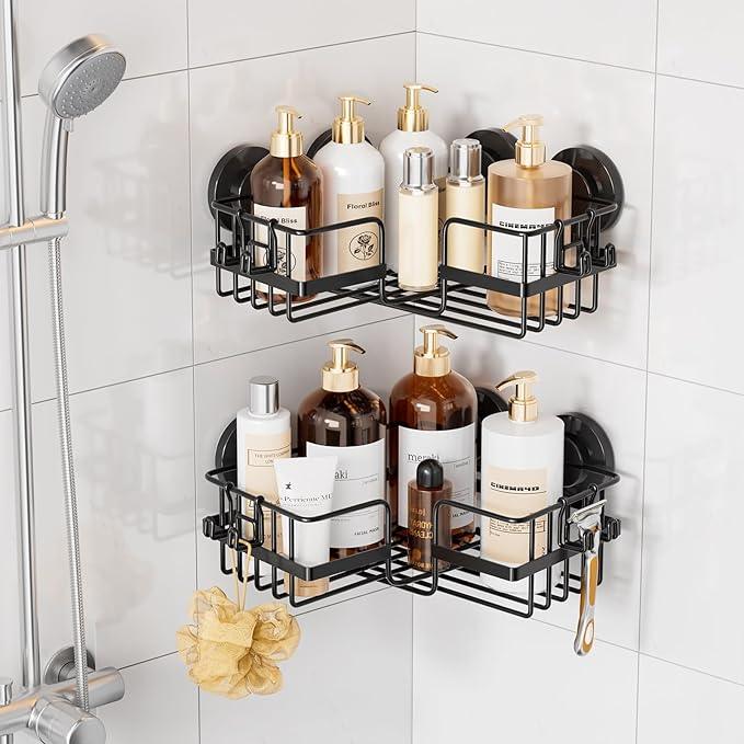 TAILI 2 Pack Corner-adaptive Suction Cup Shower Caddy, Stainless Steel Rustproof Corner Shower Shelves, Large Capacity, Removable Suction Cup Bathroom Organizer, Drill-Free Wall Mounted Baskets, Black - ModernBath