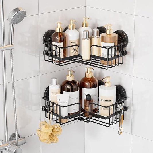 TAILI 2 Pack Corner-adaptive Suction Cup Shower Caddy, Stainless Steel Rustproof Corner Shower Shelves, Large Capacity, Removable Suction Cup Bathroom Organizer, Drill-Free Wall Mounted Baskets, Black - ModernBath