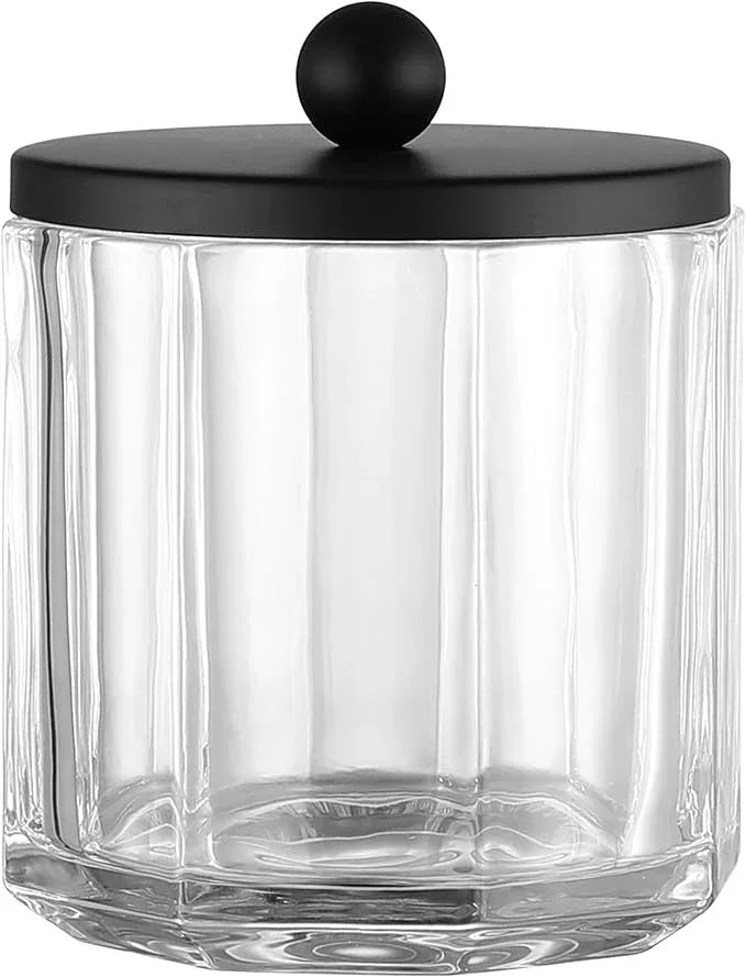 Indecor Home Clear Transparent Apothecary Octagional Shaped Glass Canister Jar With Matte Black Metal Lid Cover for Bathroom Organization, Cotton Balls, Q Tips, and Small Accessories, Bath Storage - ModernBath
