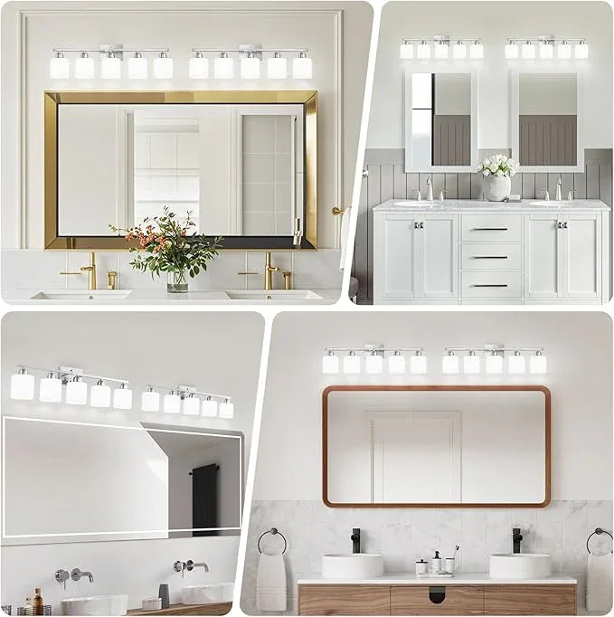 FAISHILAN 5 Light Bathroom Light Fixtures Brushed Nickel, Bathroom Vanity Light with Milky White Frosted Glass Shade, Vanity Lights for Mirror Bedroom Living Room E26 Base - ModernBath