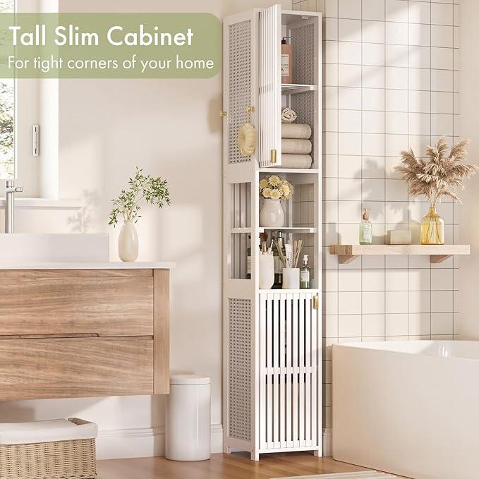 Amazer 70'' Tall Bathroom Storage Cabinet Bamboo, Slim Storage Cabinet with Rattan Door and Adjustable Shelves, Narrow Freestanding Organizer for Living Room Kitchen, White - ModernBath