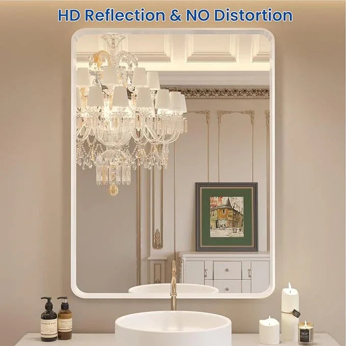 WEER White Bathroom Mirror 20X30 Inch, Rounded Rectangle White Metal Frame Mirror, Matte White Bathroom Vanity Mirror with Tempered Glass, Anti-Rust, Hangs Horizontally or Vertically - ModernBath