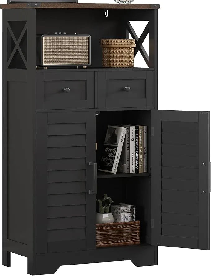 ChooChoo Farmhouse Storage Cabinet, Bathroom Floor Cabinet with Doors and Drawers, Kitchen Pantry Cabinet for Living Room, Laundry, Black - ModernBath