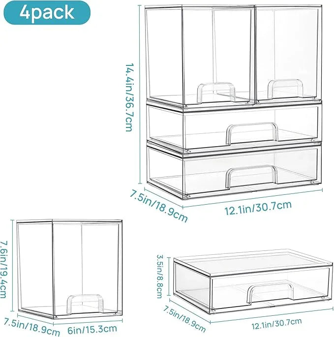 Vtopmart Clear Stackable Storage Drawers Set of 4, Plastic Organizer Bins for Makeup, Cosmetics, Beauty Supplies,Ideal for Vanity, Bathroom,Cabinet,Pantry Organization - ModernBath